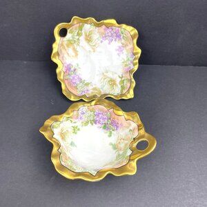 Vintage Set of 2 Imperial China Austria Handled Bowls Floral Gold Trim